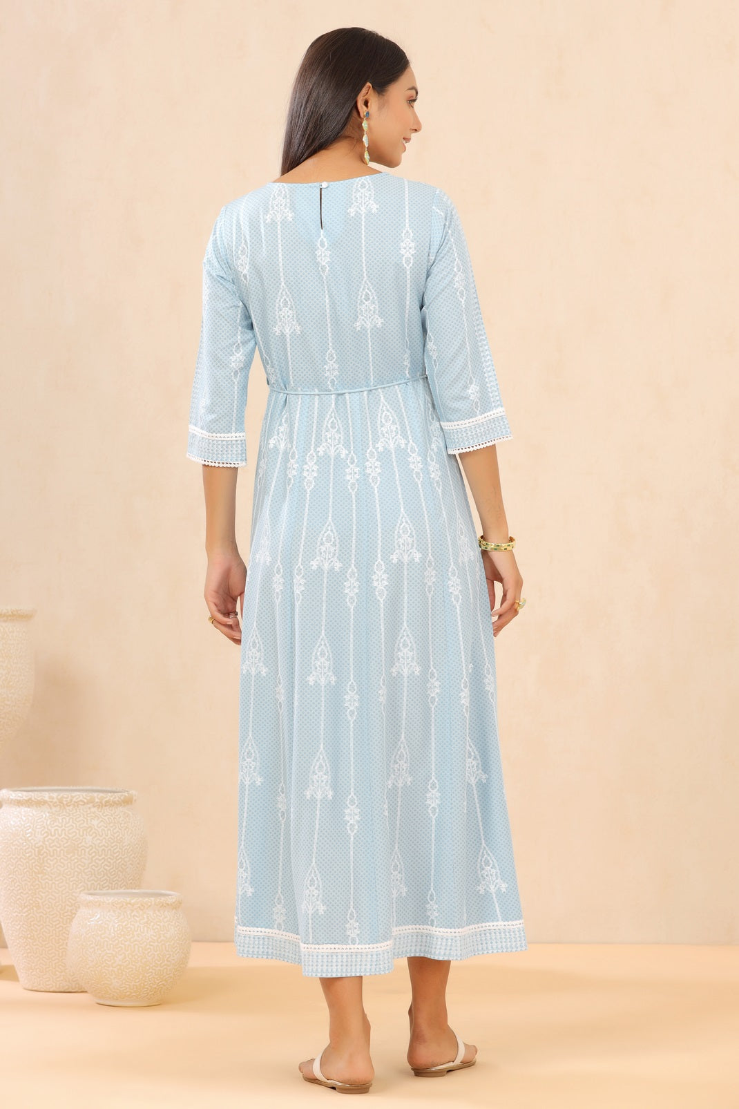 Blue Rayon Printed Anarkali Dress with Tie-up Dori