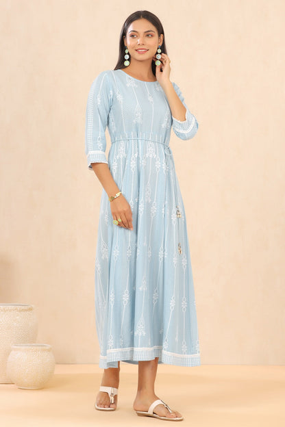 Blue Rayon Printed Anarkali Dress with Tie-up Dori