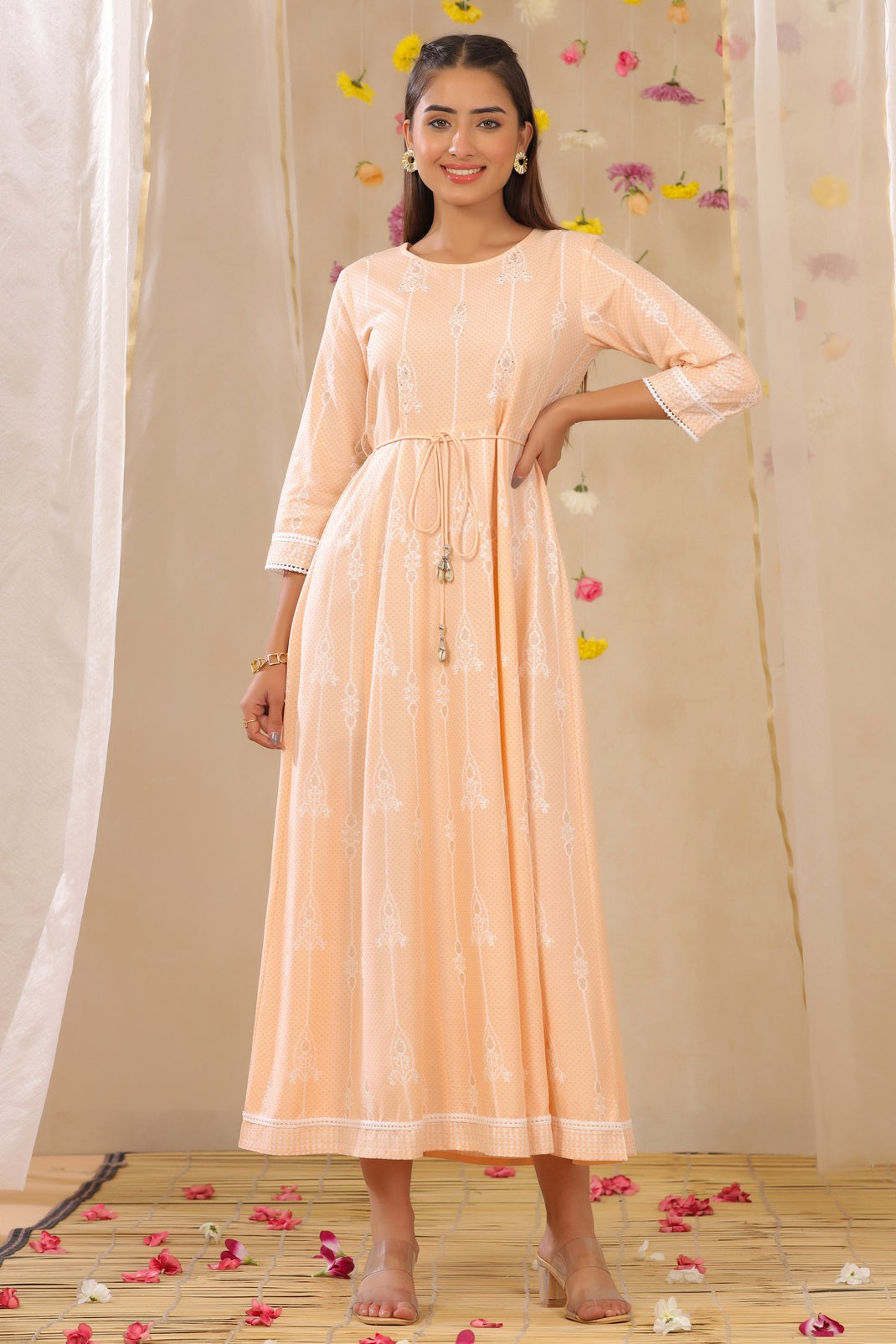 Peach Rayon Printed Anarkali Dress with Tie-up Dori