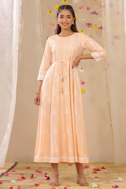 Peach Rayon Printed Anarkali Dress with Tie-up Dori