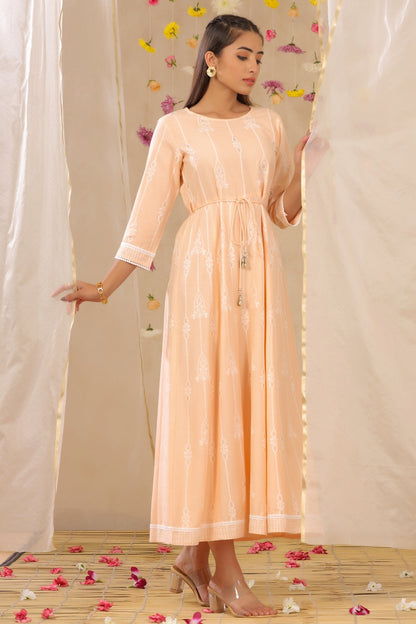 Peach Rayon Printed Anarkali Dress with Tie-up Dori