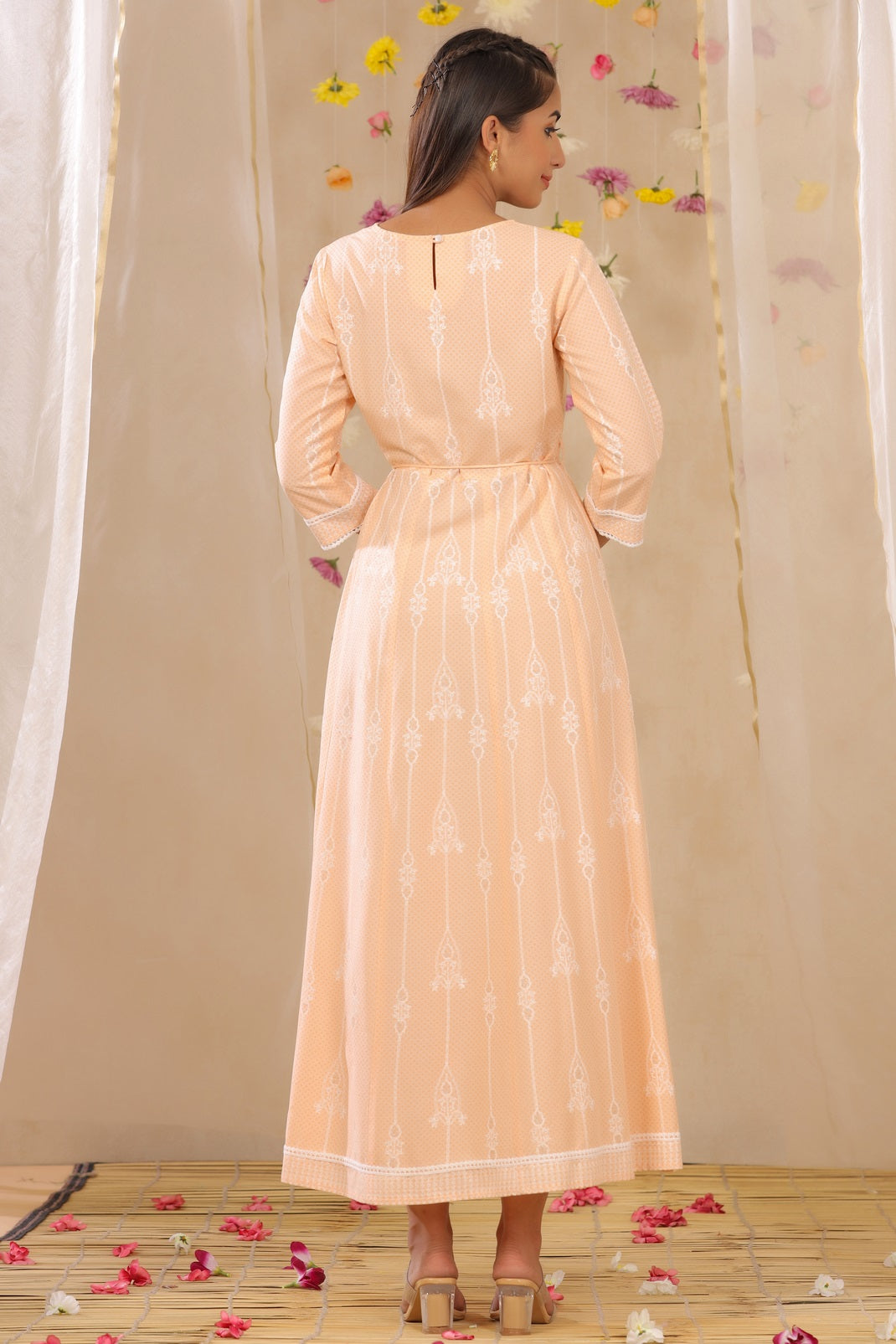 Peach Rayon Printed Anarkali Dress with Tie-up Dori