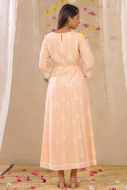 Peach Rayon Printed Anarkali Dress with Tie-up Dori