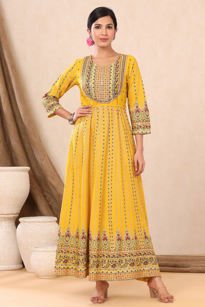 Mustard Rayon Printed Anarkali Dress