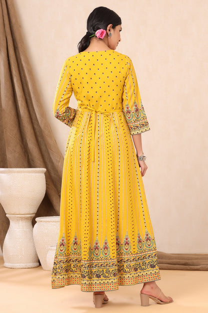 Mustard Rayon Printed Anarkali Dress