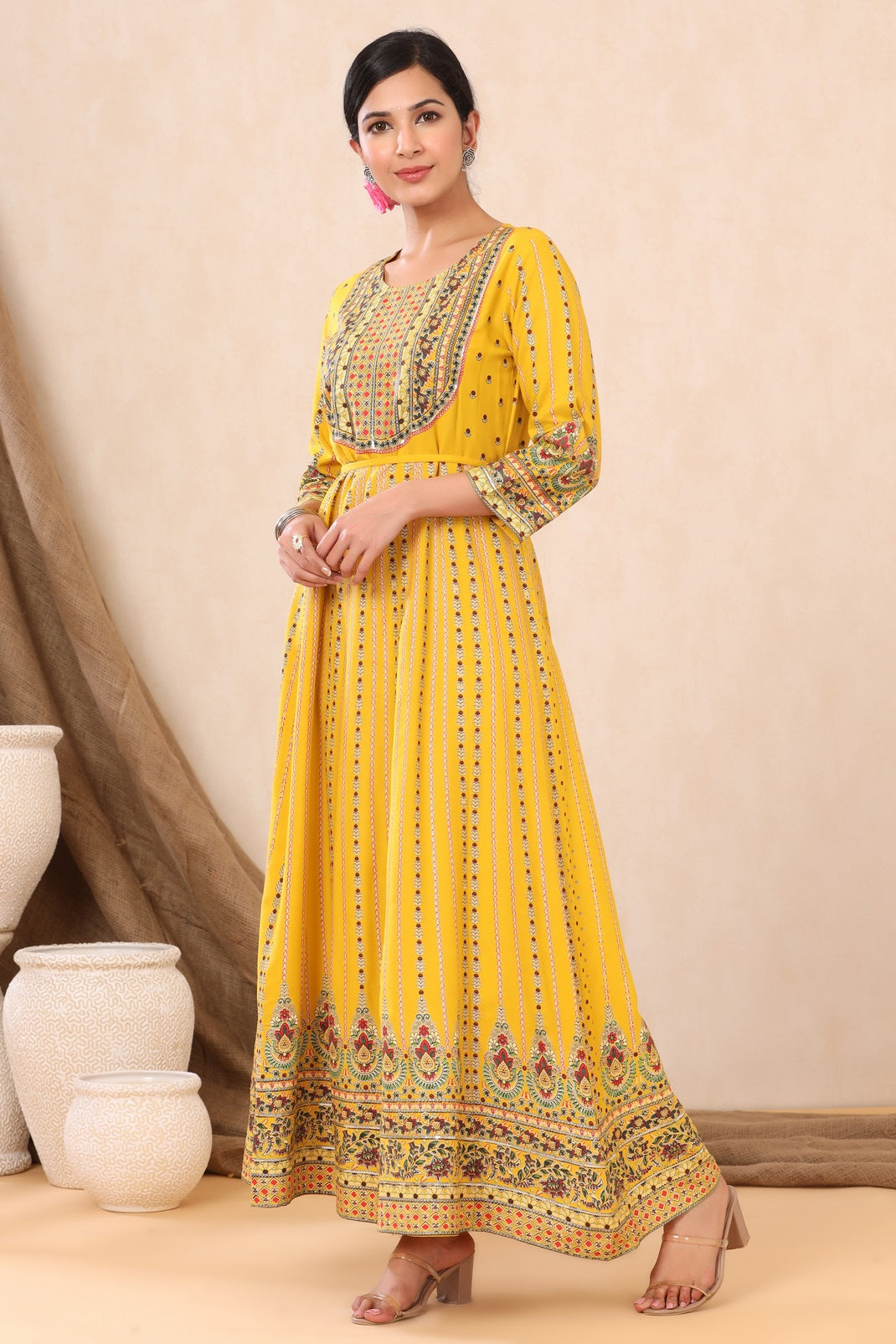 Mustard Rayon Printed Anarkali Dress