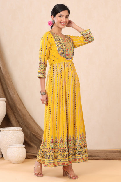 Mustard Rayon Printed Anarkali Dress