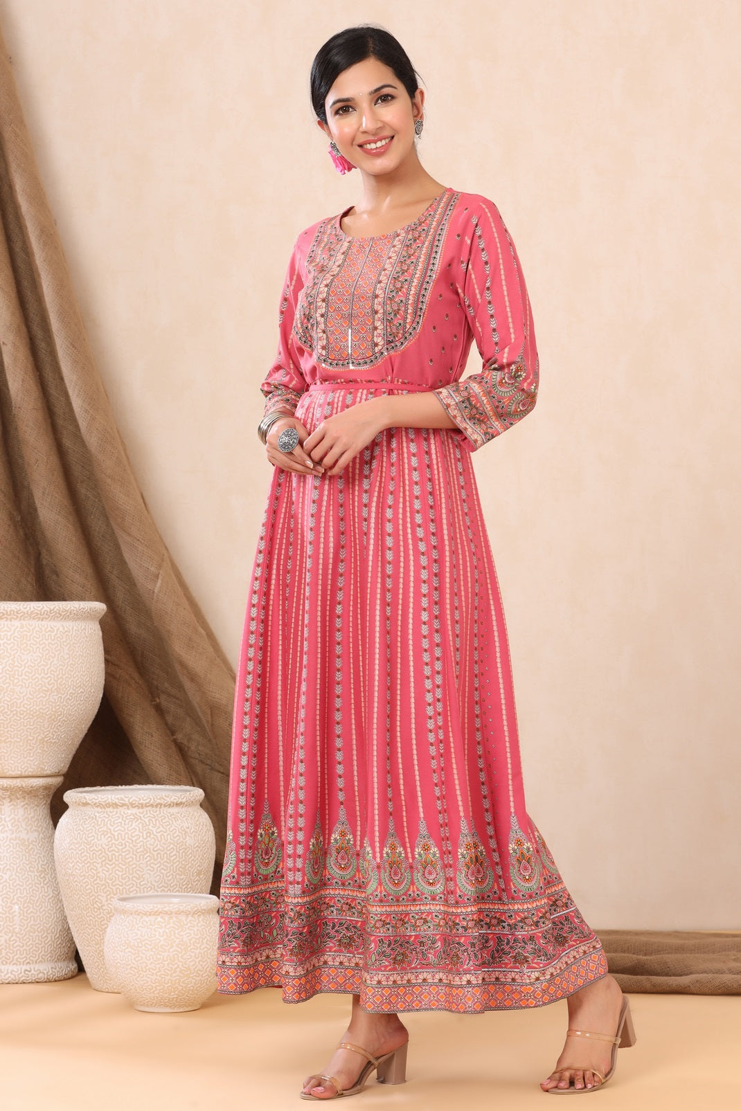 Pink Rayon Printed Anarkali Dress