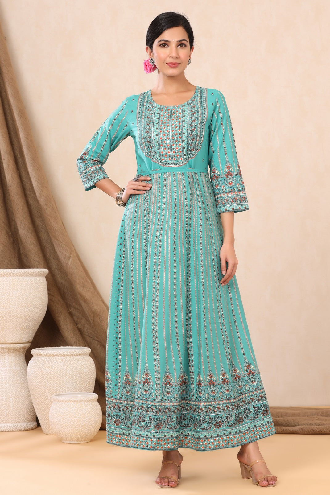 Teal Rayon Printed Anarkali Dress