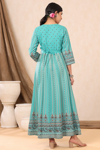 Teal Rayon Printed Anarkali Dress