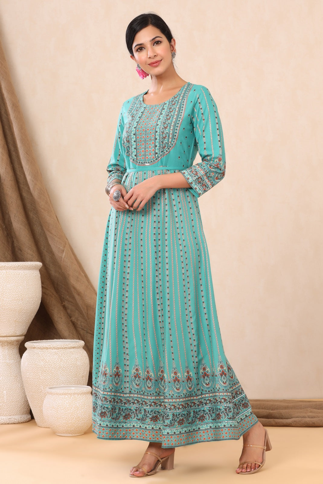 Teal Rayon Printed Anarkali Dress