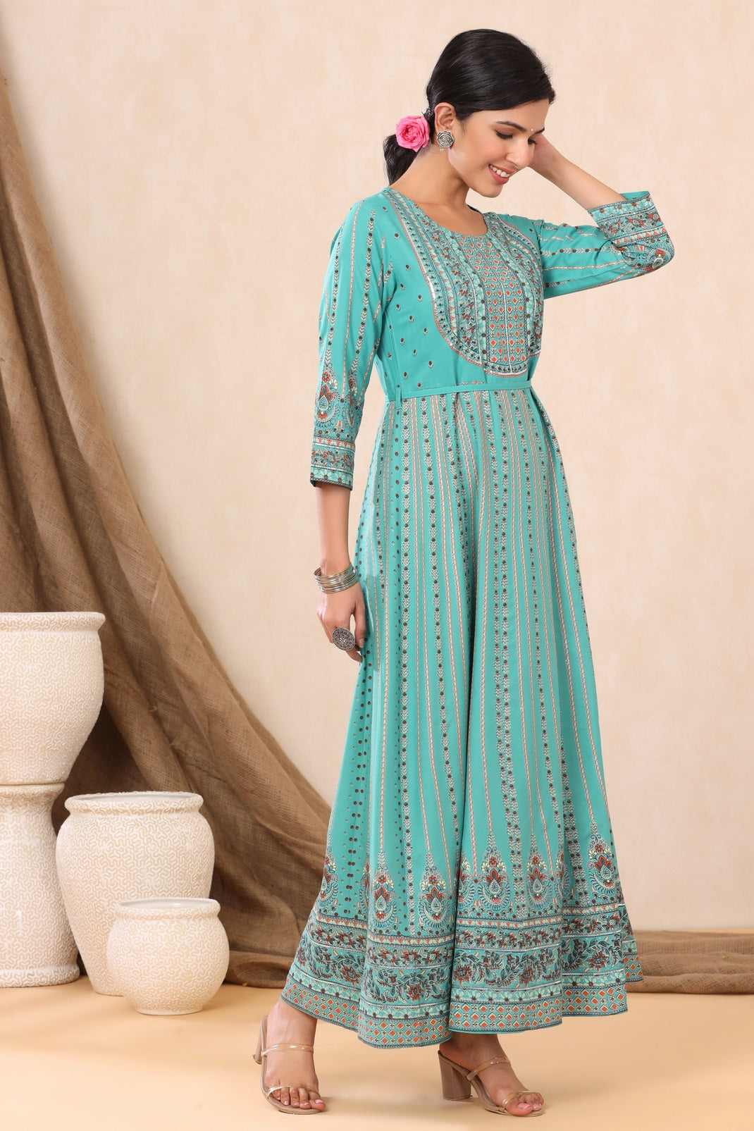 Teal Rayon Printed Anarkali Dress