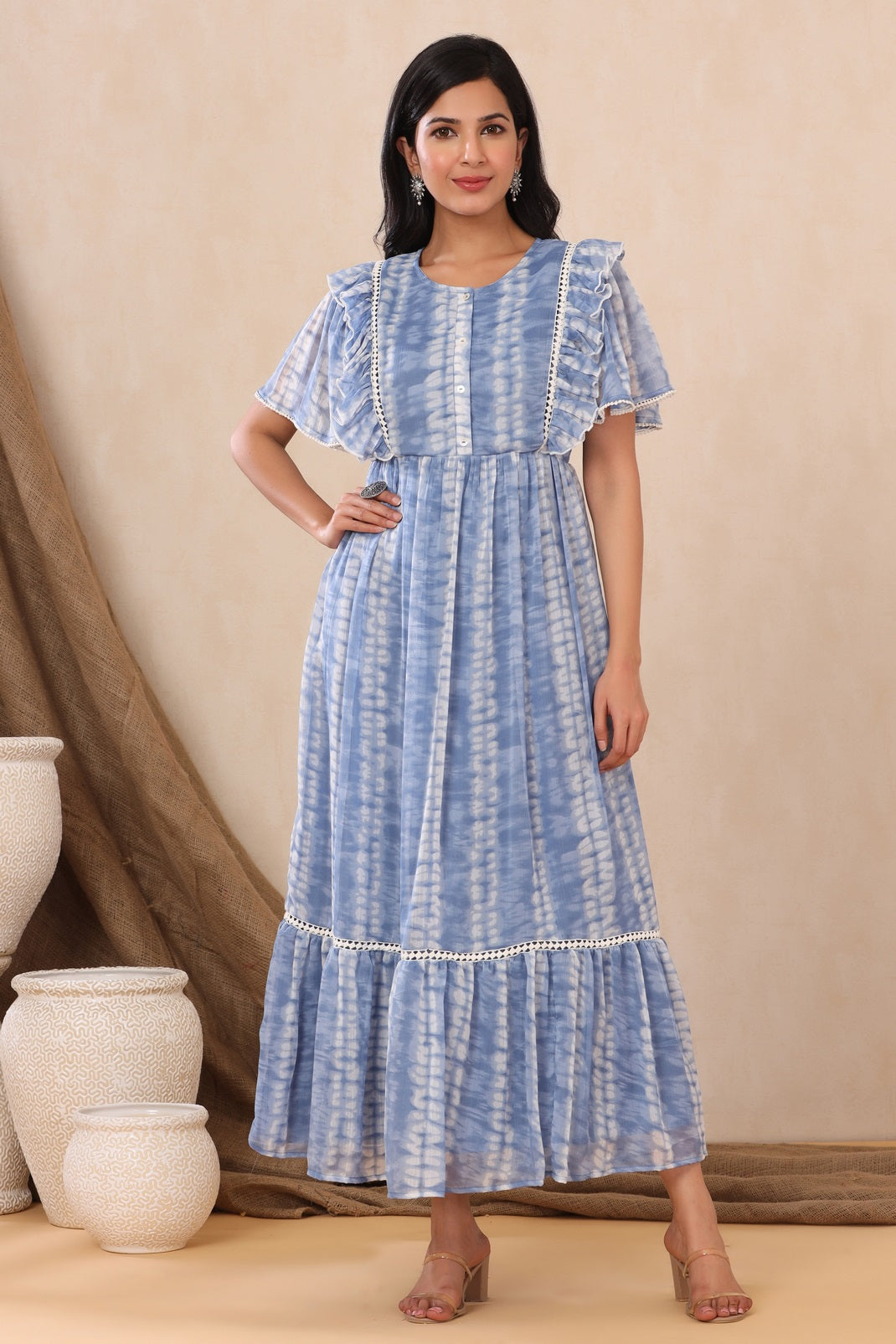 Powderblue Chiffon Tie & Dye Tiered Dress