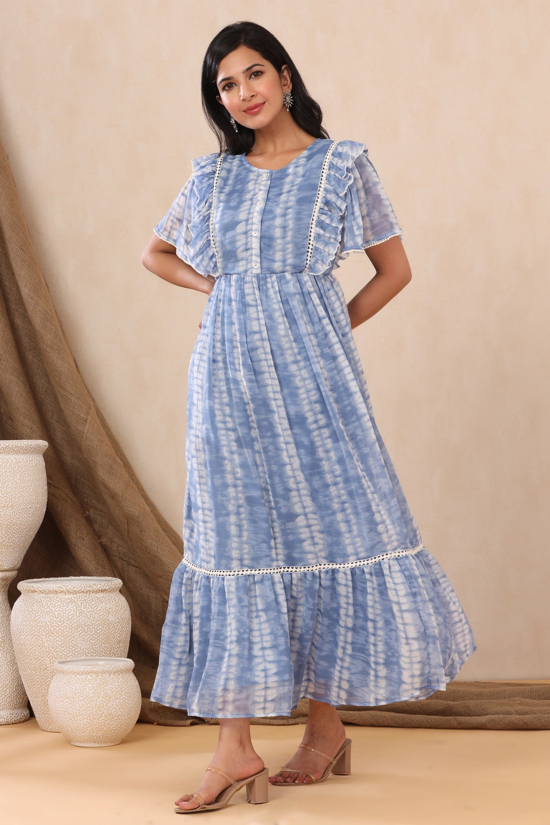 Powderblue Chiffon Tie & Dye Tiered Dress