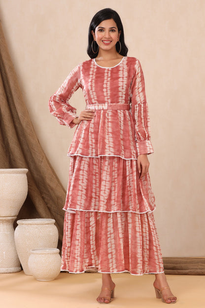 Rust Chiffon Tie & Dye Tiered Dress with Belt