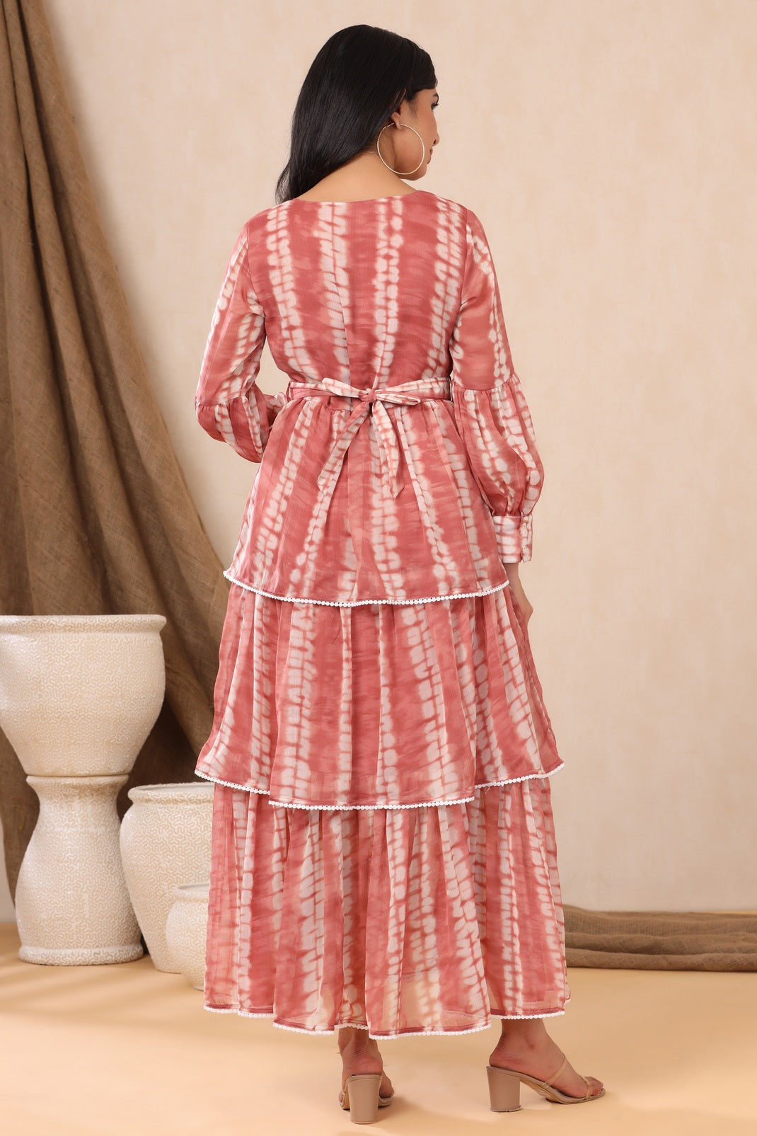 Rust Chiffon Tie & Dye Tiered Dress with Belt