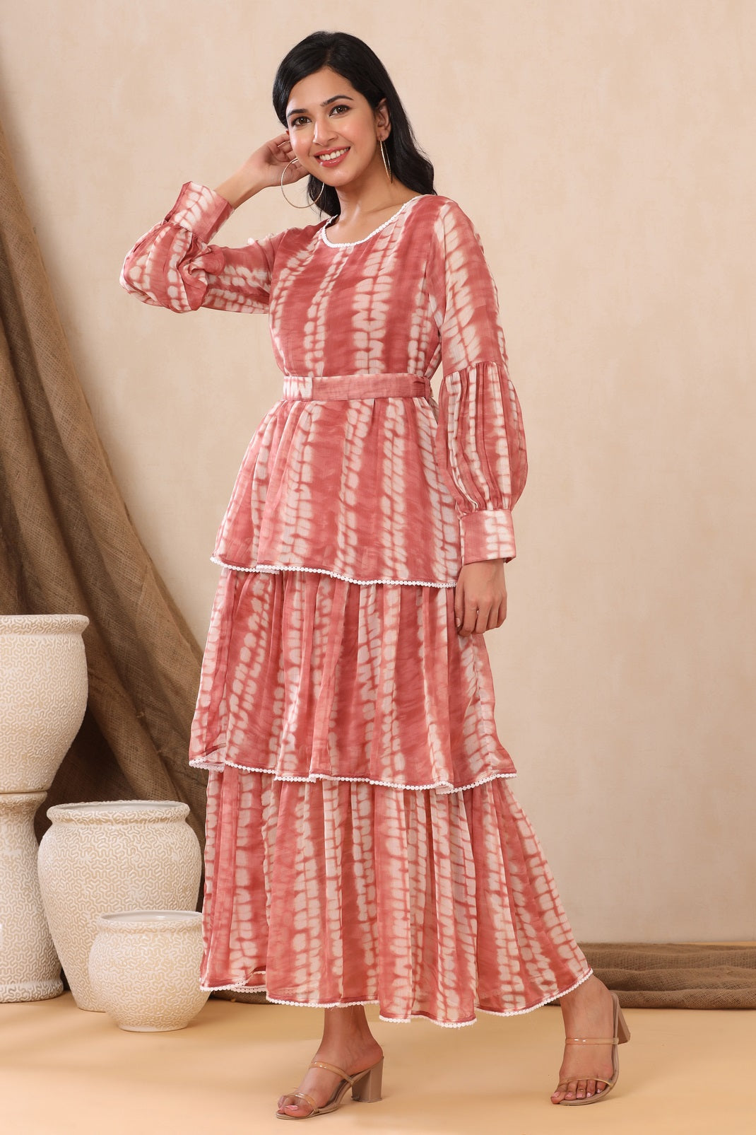 Rust Chiffon Tie & Dye Tiered Dress with Belt