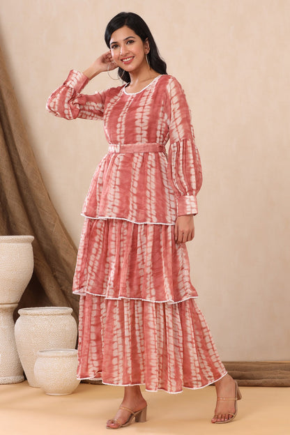 Rust Chiffon Tie & Dye Tiered Dress with Belt