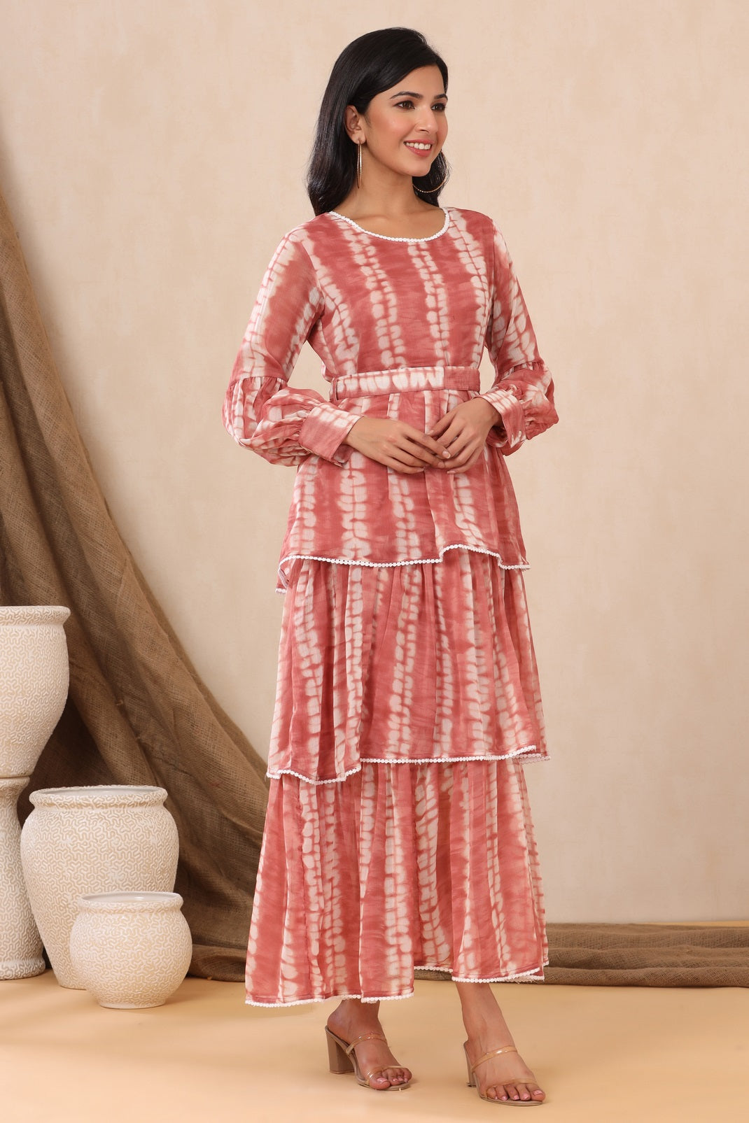 Rust Chiffon Tie & Dye Tiered Dress with Belt