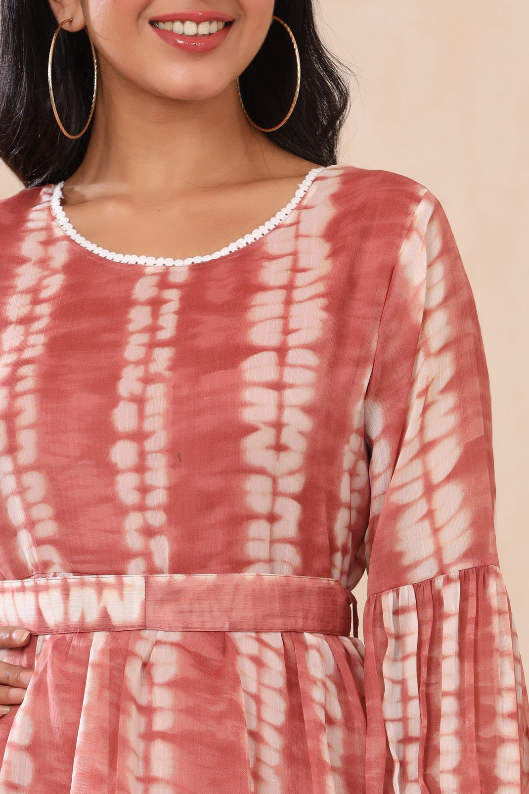 Rust Chiffon Tie & Dye Tiered Dress with Belt