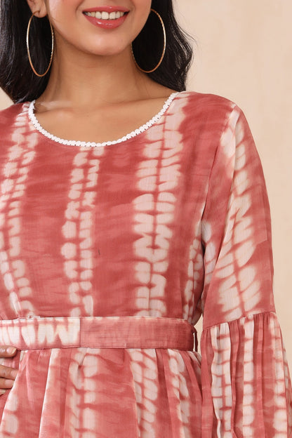 Rust Chiffon Tie & Dye Tiered Dress with Belt