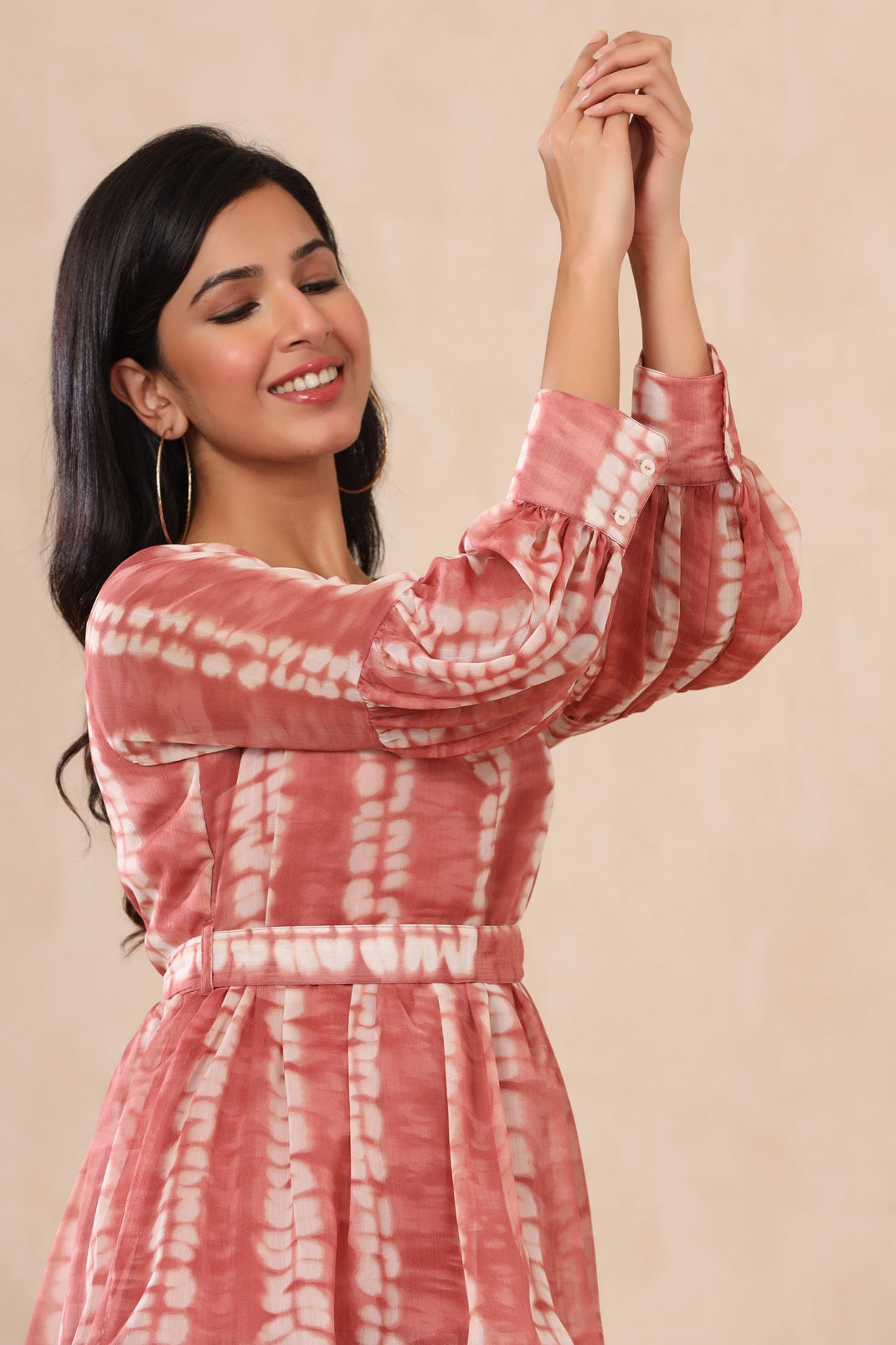 Rust Chiffon Tie & Dye Tiered Dress with Belt