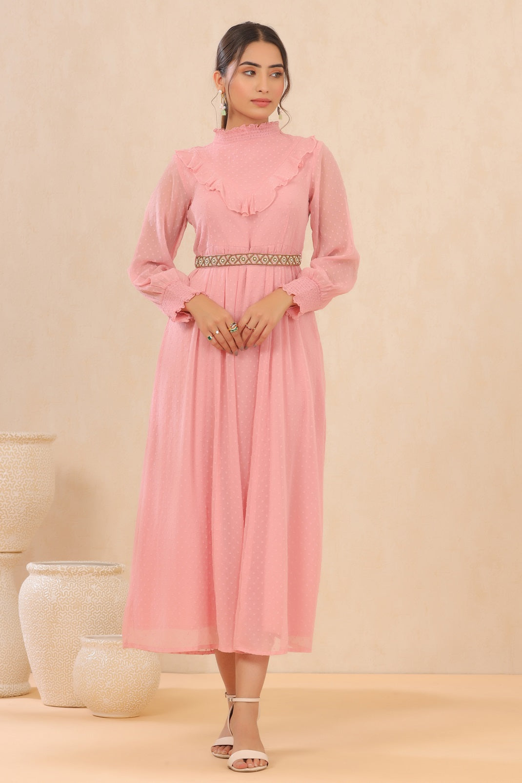 Pink Chiffon Dobby Flared Dress with Belt