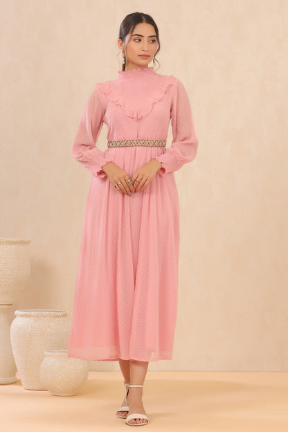 Pink Chiffon Dobby Flared Dress with Belt