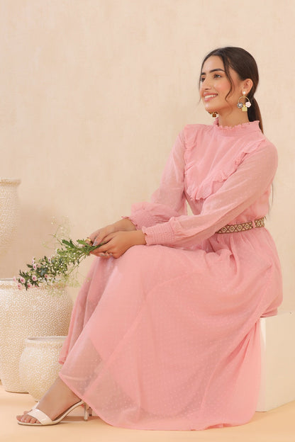 Pink Chiffon Dobby Flared Dress with Belt