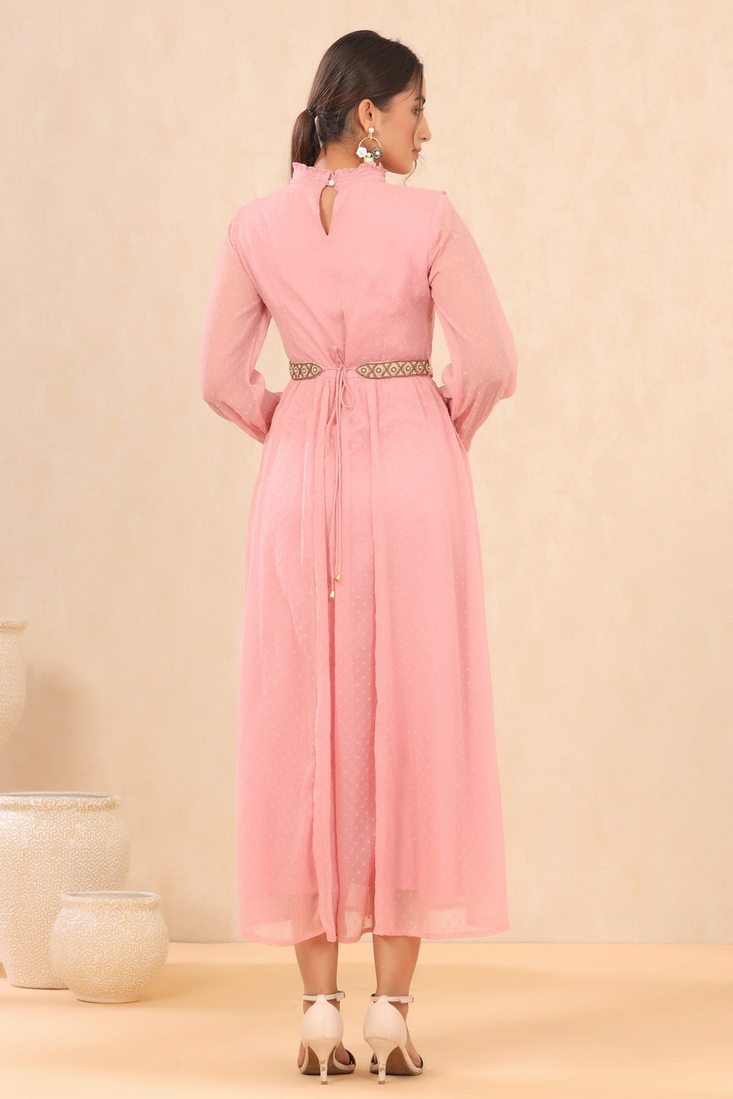 Pink Chiffon Dobby Flared Dress with Belt