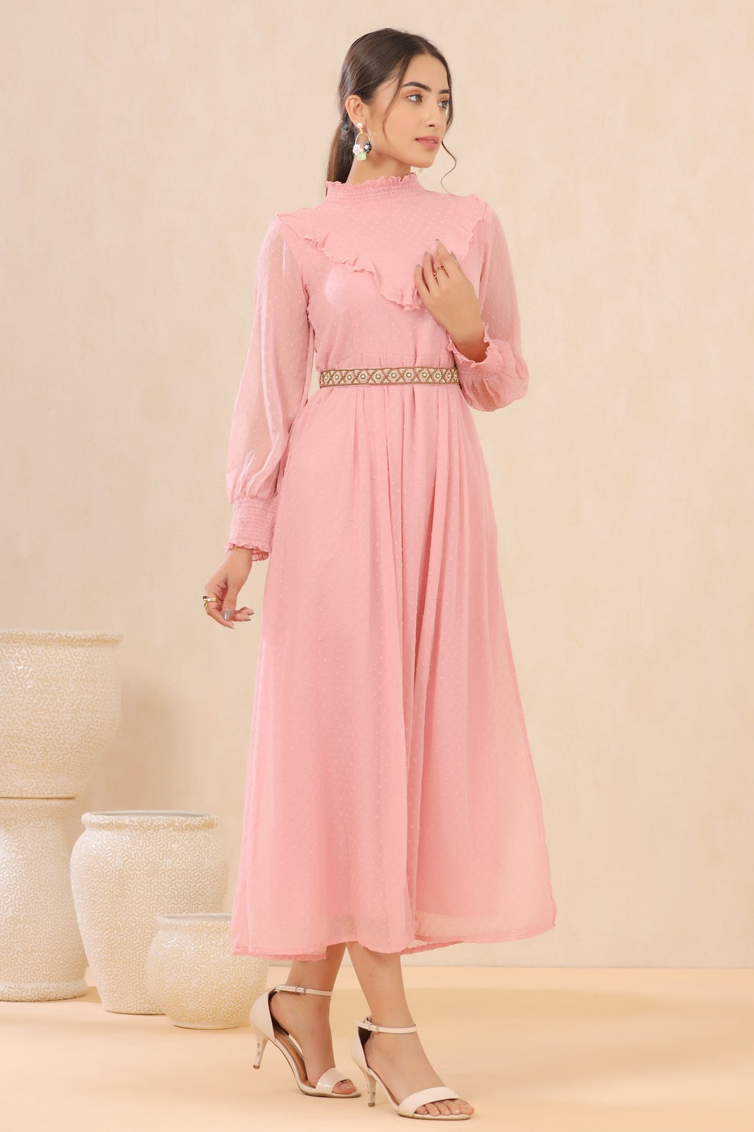 Pink Chiffon Dobby Flared Dress with Belt