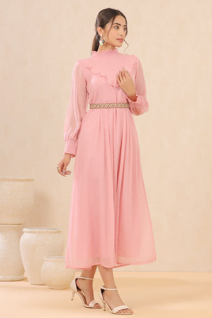 Pink Chiffon Dobby Flared Dress with Belt
