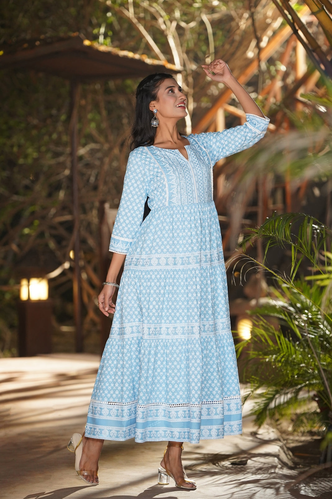 Blue Rayon Printed Tiered Dress