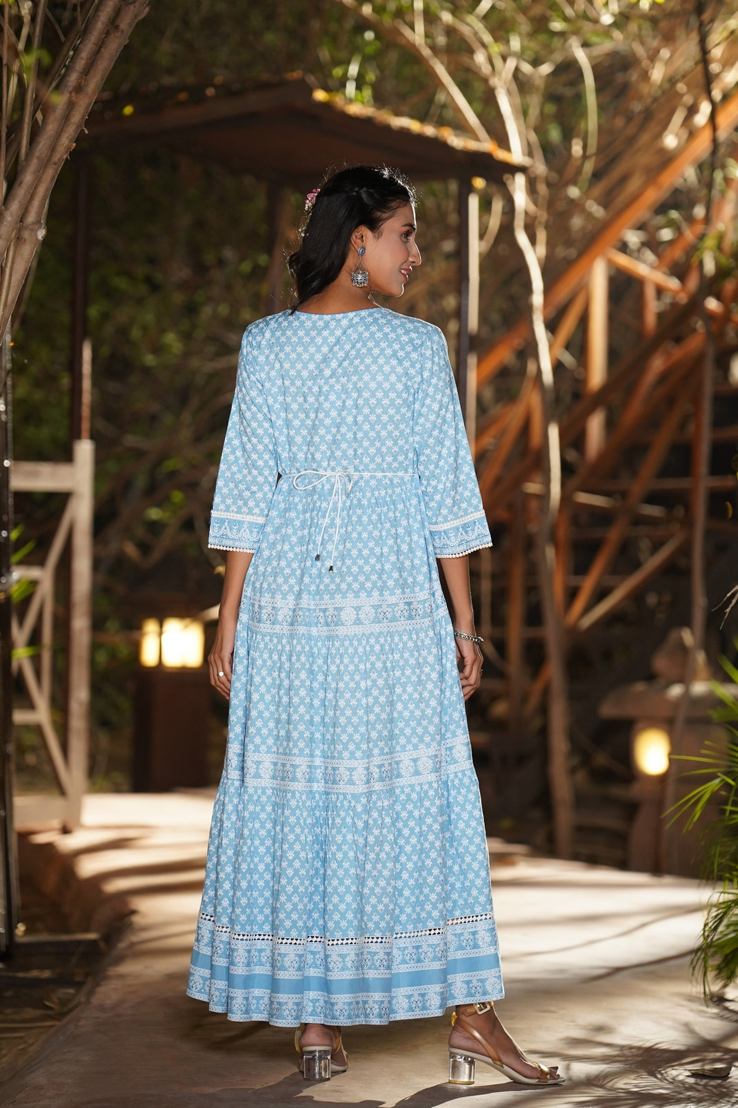 Blue Rayon Printed Tiered Dress