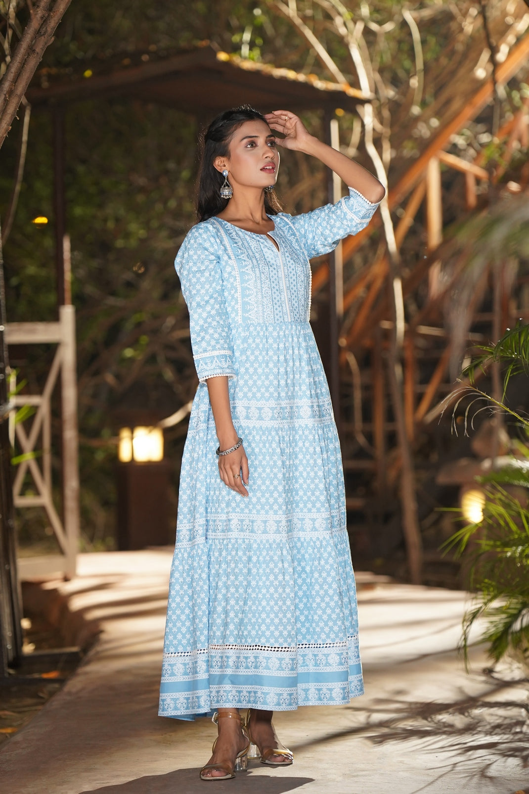 Blue Rayon Printed Tiered Dress