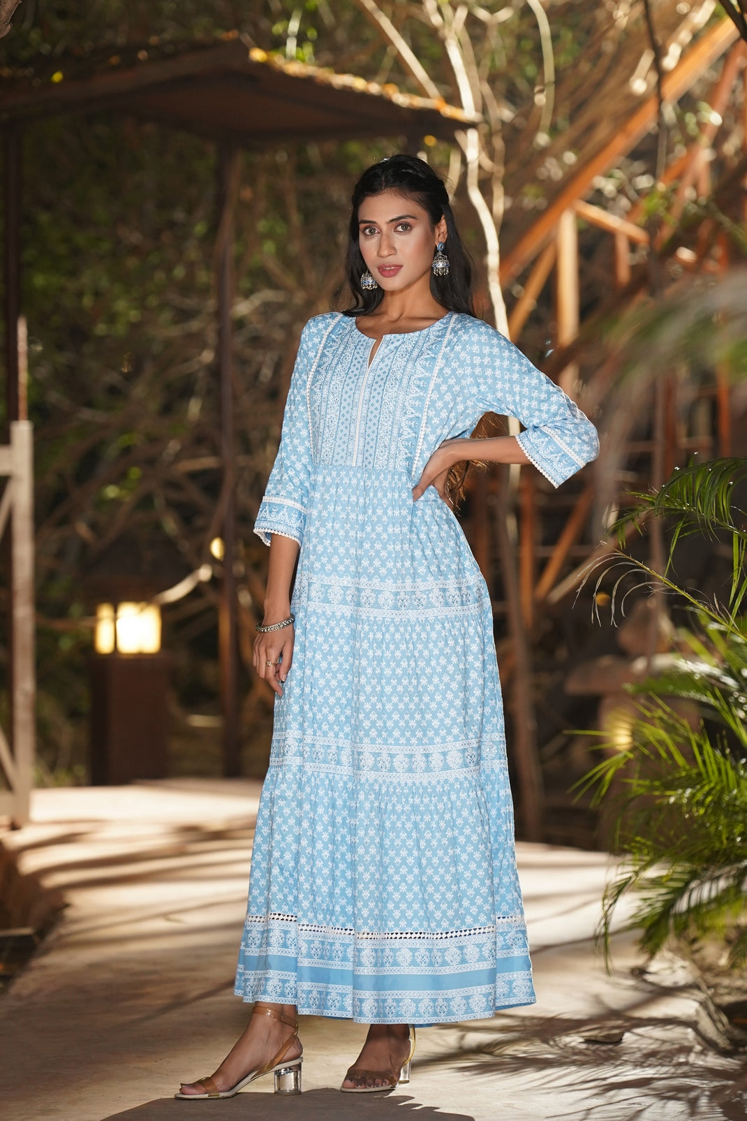 Blue Rayon Printed Tiered Dress