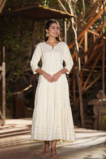 Light Yellow Rayon Printed Tiered Dress