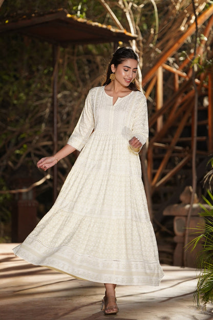 Light Yellow Rayon Printed Tiered Dress