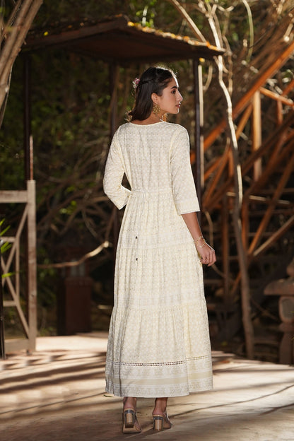 Light Yellow Rayon Printed Tiered Dress