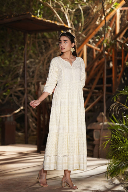 Light Yellow Rayon Printed Tiered Dress