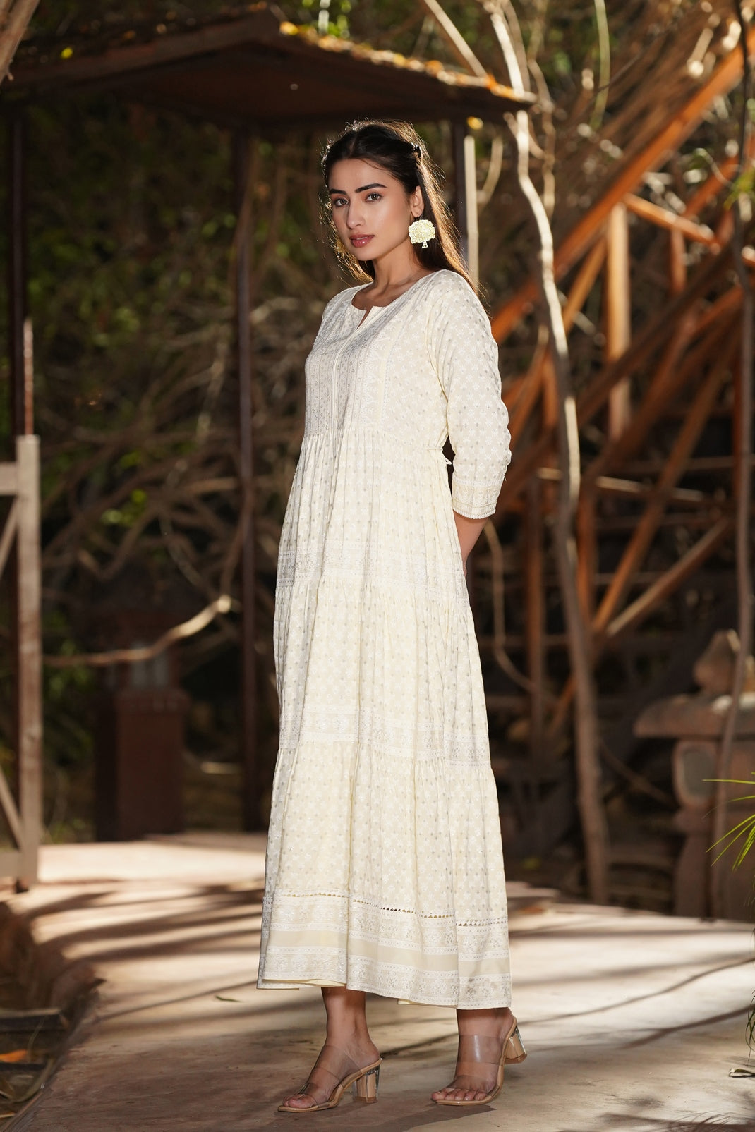 Light Yellow Rayon Printed Tiered Dress