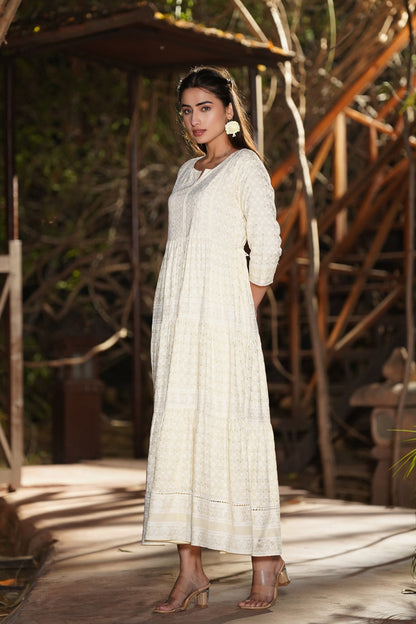 Light Yellow Rayon Printed Tiered Dress