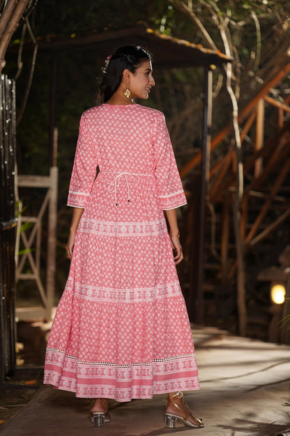 Pink Rayon Printed Tiered Dress