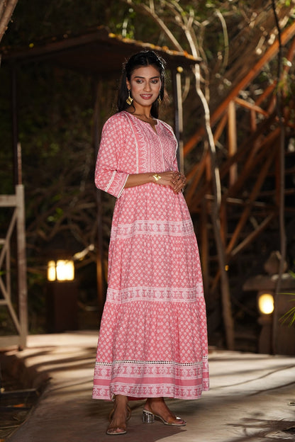 Pink Rayon Printed Tiered Dress