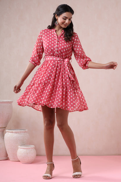 Pink Chiffon Printed Tiered Dress with Belt