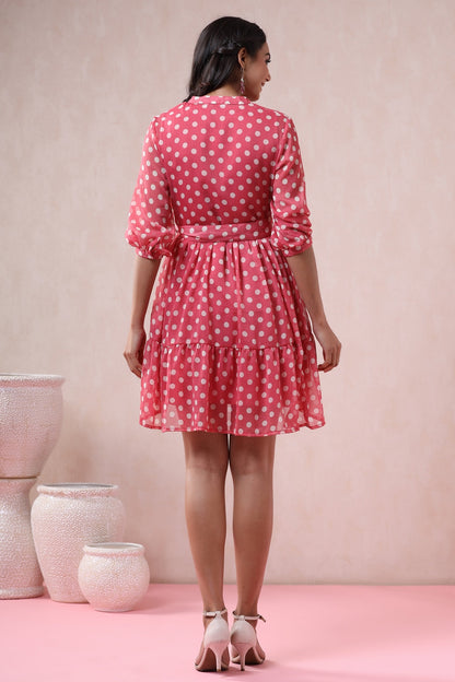 Pink Chiffon Printed Tiered Dress with Belt
