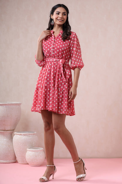 Pink Chiffon Printed Tiered Dress with Belt