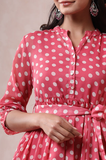 Pink Chiffon Printed Tiered Dress with Belt