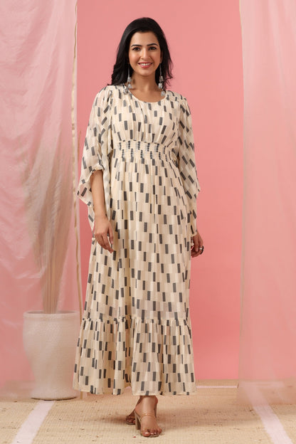 Women`s Cream Georgette Checks Flared Dress