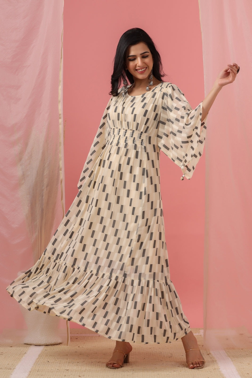 Women`s Cream Georgette Checks Flared Dress
